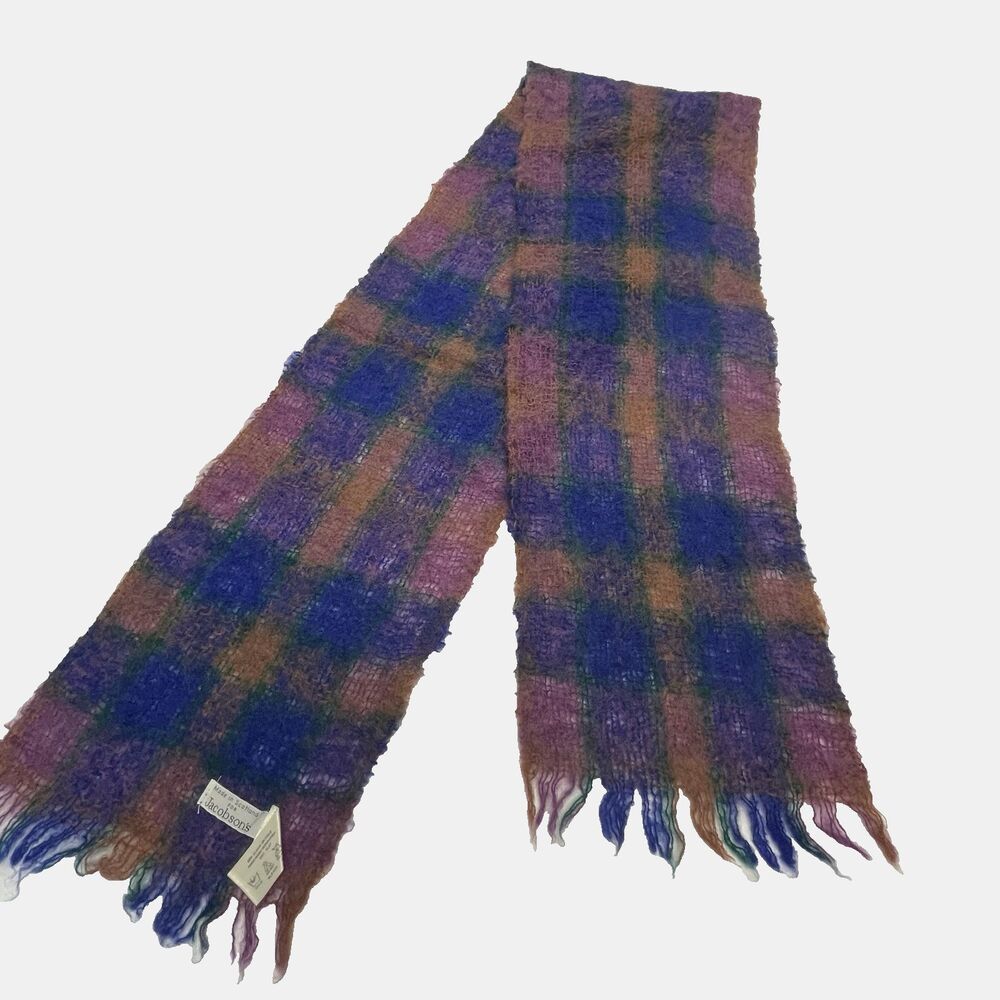 Jacobson's Scarf Mohair Made in Scotland Blue Purple Green Brown Fringe 8.5x53